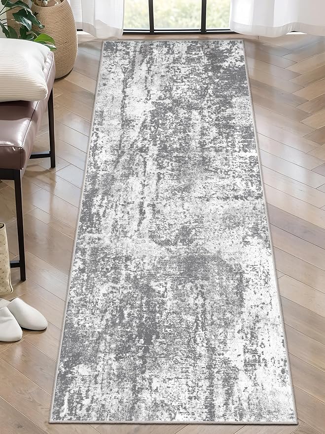 Ciicool 2x6 Washable Runner Rug, Modern Abstract Hallway Rugs Runner, Non-Slip Thin Accent Rug Lightweight Grey White Print Distressed Carpet for Laundry Entryway Bedroom Kitchen Bathroom Indoor