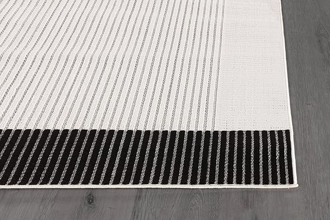 Modern Micro Loop Indoor Area Rugs for Living Room Bedroom Kitchen Geometric Striped Black-White 5x7 Luxury Durable Low and High Pile Non-Shedding Stain Resistant Soft Area Carpet 5 x 7