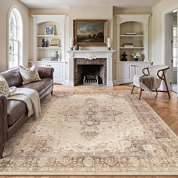 Brown 6x9 Area Rug Washable Vintage Living Room Carpet Non Slip Retro Distressed Low Pile Soft Oriental Medallion Thin Large Throw Rug for Office Bedroom Dining Room Playroom