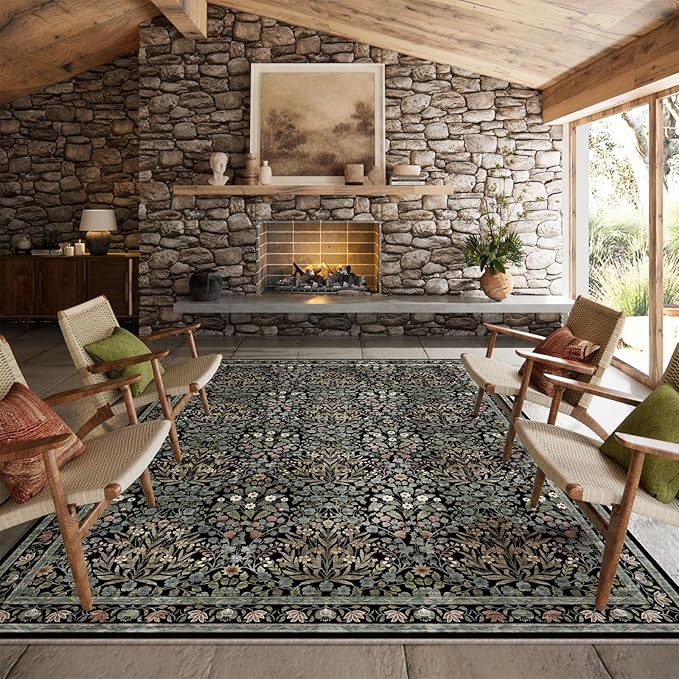 Traditional Design Vintage Floral Area Rug 8 x 10,Washable Area Rugs - Perfect for Living Room, Bedroom, Kids Room, Nursery - Stain & Water Resistant Non-Slip, Dining Room Decor