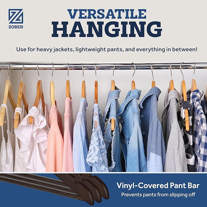 ZOBER Black Wooden Hangers - Heavy Duty, Non Slip Wood Hangers for Coats, Jackets, Suits, & Pants - Coat Hangers for Closet W/Bar and Notches 20 Pack