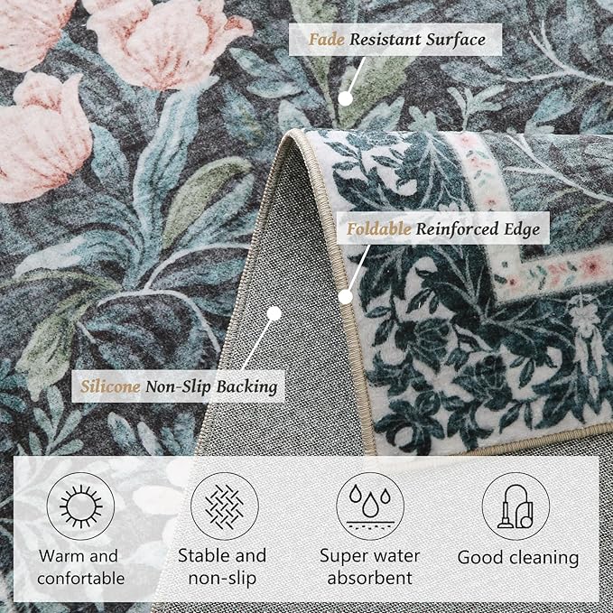 Vintage Floral with Ornate Border Washable 4x6 Area Rug, Soft Low Pile Carpet for Living Room, Dining Room Under Table, Bedroom | Non-Slip, Stain Resistant & Durable