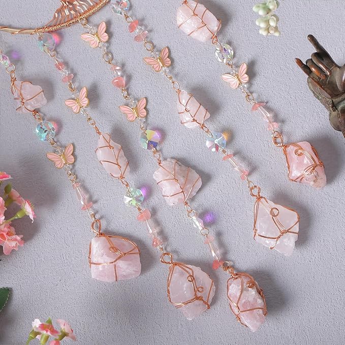 Pink Dream Catchers Crystal Tree of Life Dreamcatcher with Rose Quartz Butterfly Crystal Suncatcher for Windows Hangings Prism Decor Wall Bedroom Decoration Gifts for Boys Adults