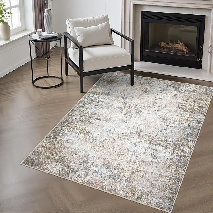 Washable Area Rug 3x5 Entryway Rug: Washable Modern Abstract Soft Thin Rug Indoor Floor No Slip Stain Resistant Carpet for Bedroom Dining Room Farmhouse Nursery Home Office - Brown Grey