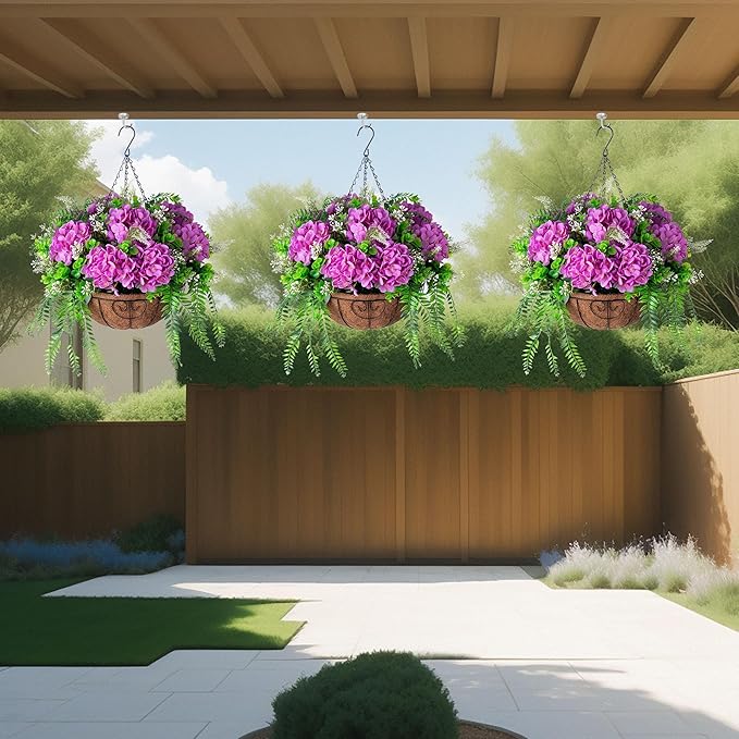 Artificial Flowers in Hanging Basket Planter for Home Spring Summer Decoration, Silk Hydrangea Outdoor Indoor Arrangements, 12" Metal Coconut Lining Basket with Faux Plant(Purple)