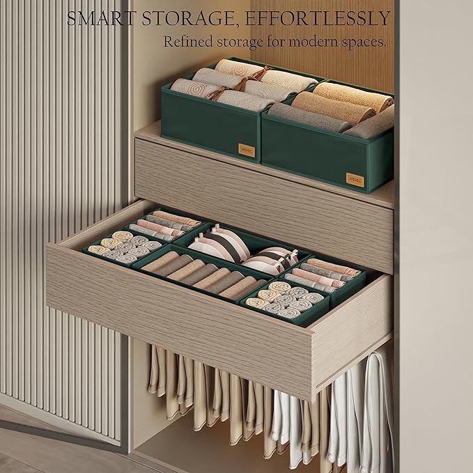 Drawer Organizer Clothes – Set of 6 Foldable Fabric Storage Bins for Dresser & Closet, Strong Structure, Fragrance Sachets Included, Organize Underwear, Socks, Baby Items, Green