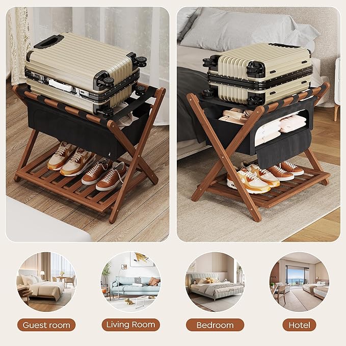 Full Assembled 26.77" L Luggage Rack for Guest Room, Set of 2 Foldable Suitcase Stand with 5 Nylon Straps & Cloth Bag, Luggage Stand Holder with Shoe Shelf for Suitcases Hotel (Walnut Bamboo)