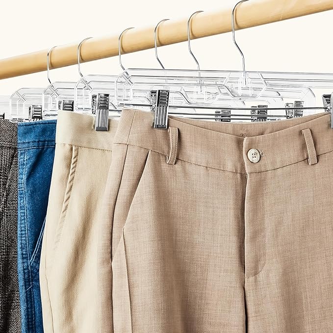 HOUSE DAY Clear Skirt Hangers with Clips, Non-Slip Plastic Pant Hanger with 2 Adjustable Clips, Upgraded Clip Hanger for Pants, Skirts, Shorts, 14" Clear Hangers 10 Pack, 360-Rotating Swivel Hook