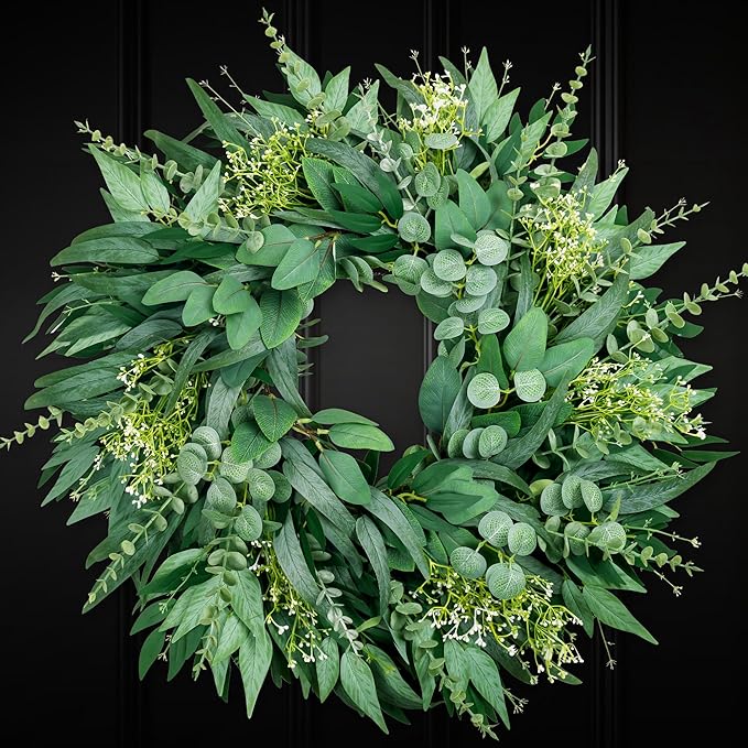 26 Inch Large Eucalyptus Wreath for Front Door Year Round, Spring Summer Greenery Farmhouse Wreath with Detachable Bow, Everyday Home Decor Used for Front Door Wall Porch