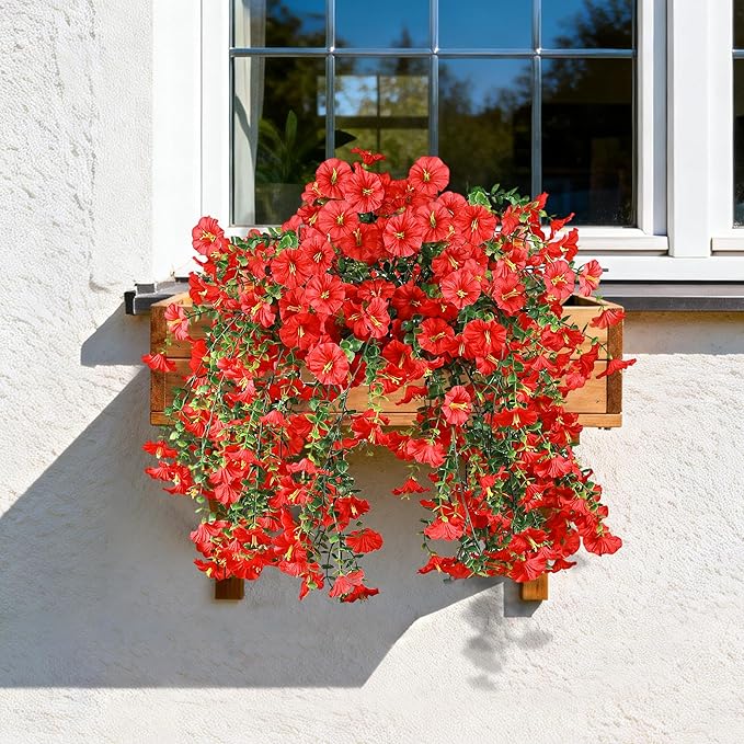 Artificial Hanging Flowers for Outdoors, 2 PCS UV Resistant Faux Silk 150 Morning Glory Each Trailing Vines, Fake Plants for Spring Outdoor Garden Planter Porch Patio Decoration, Red