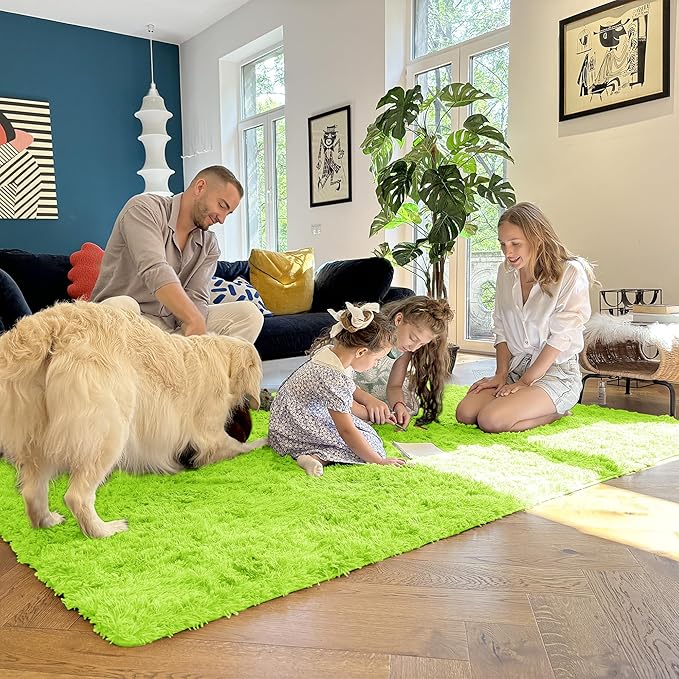 OLANLY Area Rugs for Living Room Bedroom, Machine Washable 4x5.9 ft Soft Fluffy Shaggy Bedside Rug, Indoor Floor Carpet for Kids Girls and Boys, Dorms, Nursery Rooms, Home Decor Aesthetic, Lime Green