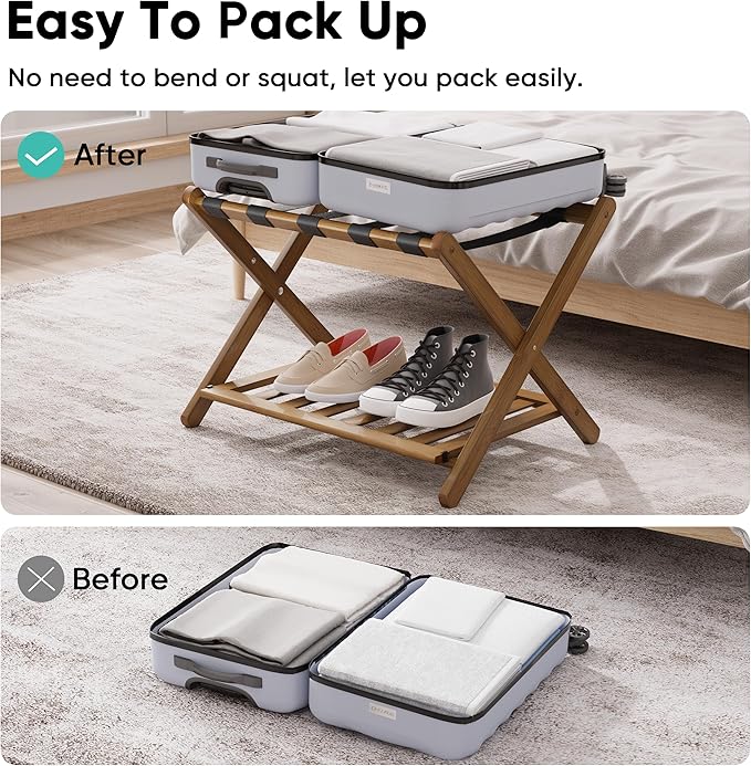 Smuxee Fully Assembled Black Walnut Luggage Rack, Upgraded Bamboo Foldable Suitcase Stand with 5 Nylon Straps, Luggage Holder with Shelf for Guest Room Bedroom Hotel