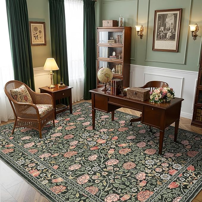 GarveeHome Dark Green Vintage Floral Washable 5x7 Area Rugs for Living Room Boho Botanical Retro Rug Low Pile Stain Resistance Non Slip Carpet for Bedroom Nursery Dining Room