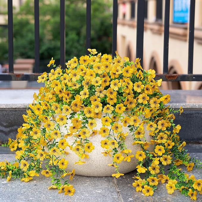Artificial Hanging Flowers for Outdoors Faux Plants Decoration, 2 Packs Fake Silk Daisy Flower Realistic Outdoor Flowers UV Resistant Porch Patio Window Yard Outside Decor(Yellow)