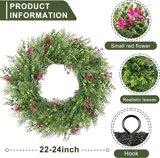 24 Inch Summer Wreaths for Front Door Spring Wreath Outdoor Green Door Wreath for All Seasons Porch Living Room Bedroom Indoor Outdoor Window Wall Farmhouse Home Decoration