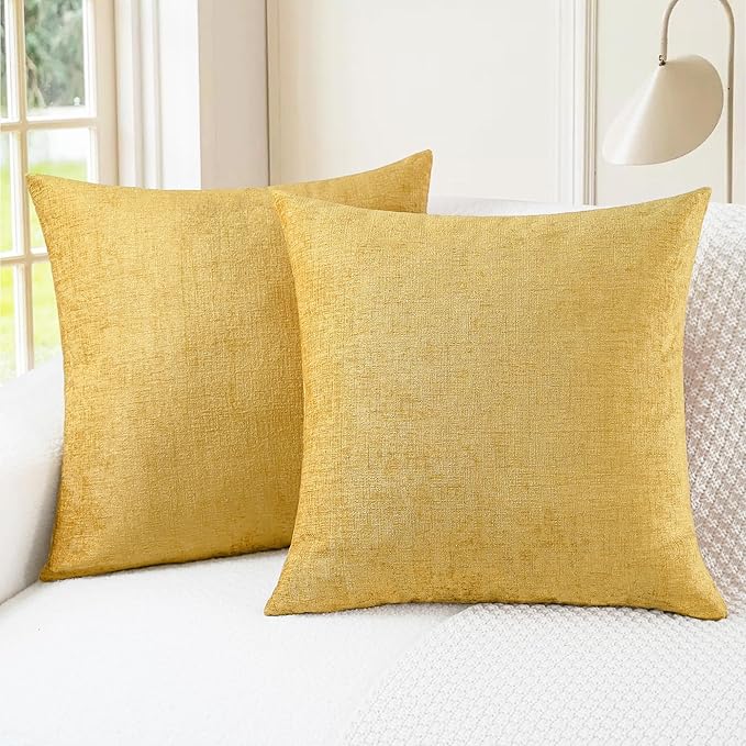 CaliTime Throw Pillow Covers Decorative 18 X 18 Inches Pack of 2 Cozy Chenille Cushion Cases for Couch Sofa Bed Living Room Home Gold