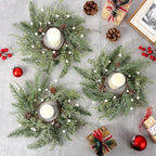 8 PCS Christmas Wreath Christmas Kitchen Cabinet Wreaths with Burlap Ribbon Mini Wreath Pine Garland Frosted Cedar Pine Cone Hanging Garlands Candle Rings for Front Door Window Chair Wall