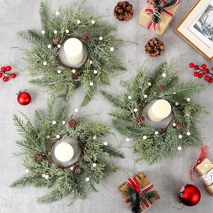 8 PCS Christmas Wreath Christmas Kitchen Cabinet Wreaths with Burlap Ribbon Mini Wreath Pine Garland Frosted Cedar Pine Cone Hanging Garlands Candle Rings for Front Door Window Chair Wall