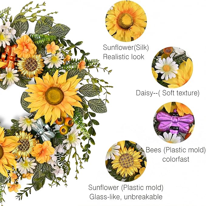 DecorbyHannah Spring Sunflower Summer Wreaths for Front Door Outside All Season, 22 Inch Artificial Collapsible Flower Wreaths with Daisy and Bee, Sunflower Decor for Porch, Wedding Housewarming Gifts