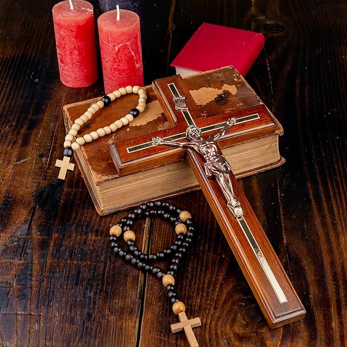 Woodvio Handmade Wooden Wall Cross with Metal Jesus Corpus, Traditional Catholic Crucifix for Wall, Christian Religious Gift with 2 Wooden Rosaries
