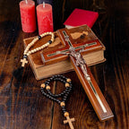 Woodvio Handmade Wooden Wall Cross with Metal Jesus Corpus, Traditional Catholic Crucifix for Wall, Christian Religious Gift with 2 Wooden Rosaries