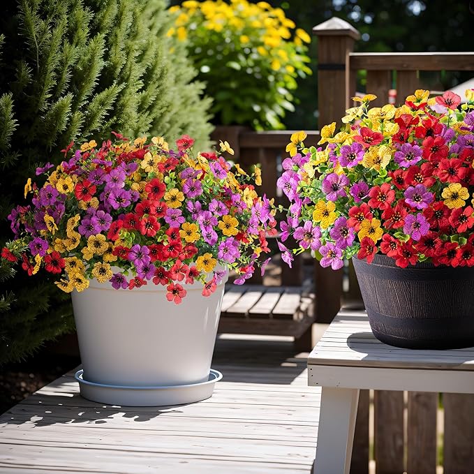 Artificial Flowers for Outdoors Potted Spring Decor, 12 Bundles Fake Summer Daisy with Realistic Eucalyptus Leaves, Faux Plants for Greenery Boxwood Porch Patio Garden Pot Lawn(Red Purple Yellow)