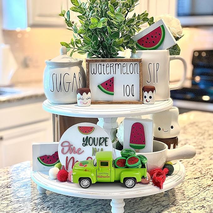 Watermelon Truck Decor, Vintage Green Pickup Truck with Farm Fresh Watermelon, Summer Farmhouse Tiered Tray Decor, Rustic Kitchen Tabletop Decorations for Home Office