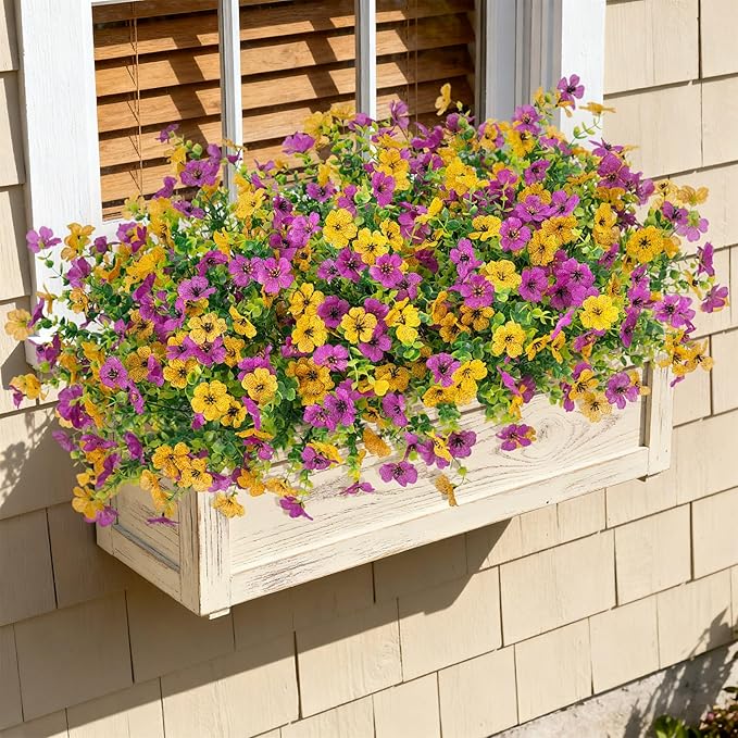 Artificial Fake Mums Flowers for Outdoor Spring Summer Decor, 12 Bundles Faux Silk Plants Daisy for Planter Pot Colorful UV Resistant Look Real for Front Door Porch Patio Outside Yard(Purple Yellow)