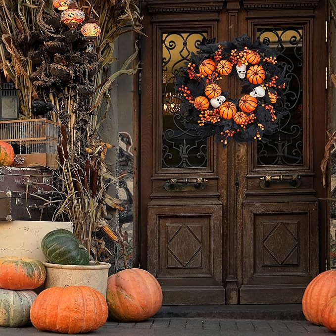 Sggvecsy Halloween Wreath with Artificial Pumpkin Handmade Black Maple Leave Skull Pumpkin Orange Berries 20''Front Door Decorations for Indoor Outdoor Home Halloween Festival Decoration