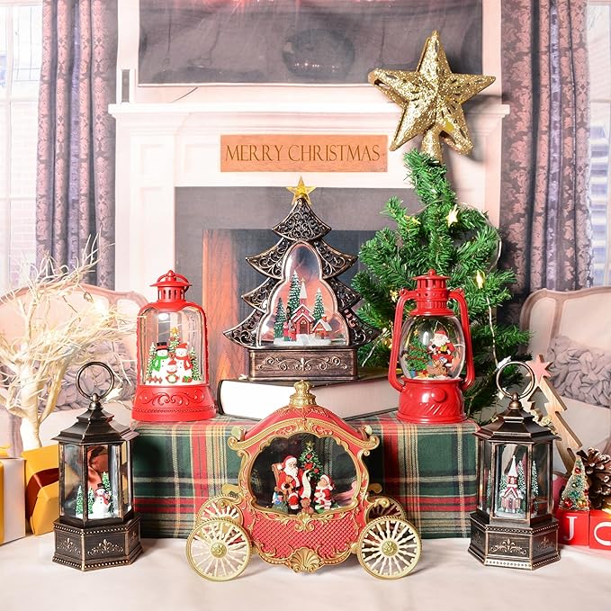 Christmas Snow Globes, Christmas Snowman Snow Globes Lantern with 8 Songs, 6H Timer Battery & USB Powered Glitter Music Box for Christmas Table Decorations Home Decor