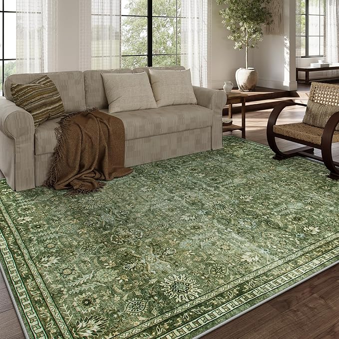 Lahome Moss Green Area Rug 8x10, Machine Washable Low Pile Thin Carpet for Living Room, Non-Slip Boho Rug for Bedroom Dining Office Apartments Home Decor