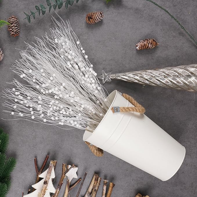 SLK 16-Pack Artificial Glitter Berry Stem Ornaments, Christmas Decorative Glittery Twigs, Picks, Branches for Tree, Wreath, Small Vase, Halloween Party (White)