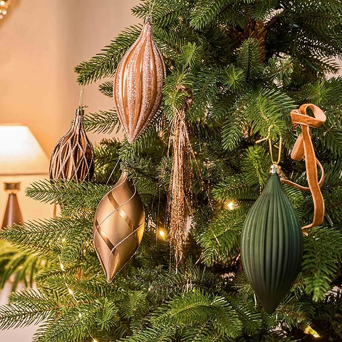 JORNOY Finial Drop Christmas Ornaments for Tree Decorations, 150mm/6inch Shatterproof Plastic Hanging Large Tear Drop Baubles Bulk for Holiday Home Party Decor with String, 8 Pack, Earth Tone