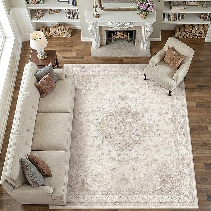 Beige Area Rug 10x12 Washable Living Room Carpet Vintage Non Slip Soft Bedroom Indoor Office Retro Low Pile Thin Oriental Medallion Large Rug for Dining Room Bathroom Playroom