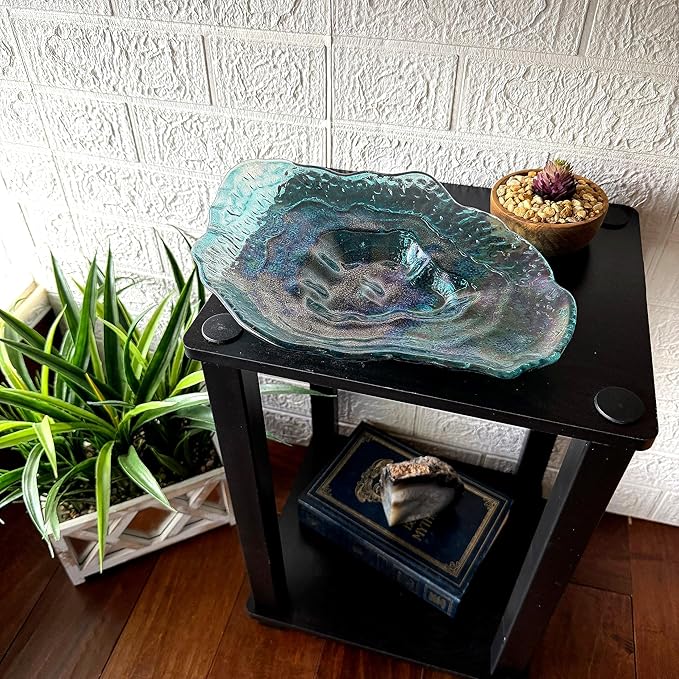 Things2Die4 Decorative Oyster Shaped Plate, 13 X 10 Inch Iridescent Sea Blue Glass Decorative Plate for Coastal Tabletop Display, Nautical Accent Dish for Entryway or Living Room