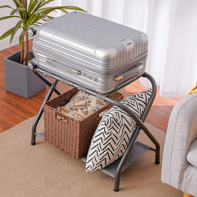 Heybly Luggage Rack for Guest Room, Steel Folding Suitcase Stand with Storage Shelf for Bedroom, Hotel, Foldable Steel Frame, Guest Room Bedroom Hotel, 22.8" L x 11.8" W x 20.9" H, Gray HLR004G1