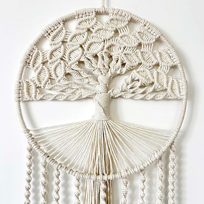Large Tree of Life Dream Catchers, Macrame Wall Hanging Boho Handmade Woven Dream Catcher Macrame Wall Decor Art for Adults Boys Girls Bedroom Wedding Party Decor, Festival Blessing Gift（Light Beige）