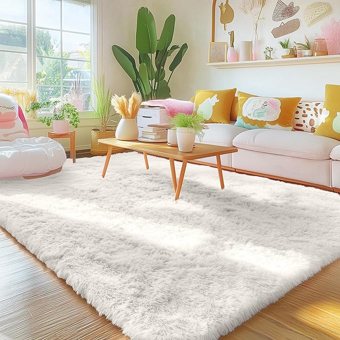 OLANLY 5x10 Machine Washable Large Area Rugs for Living Room, Bedroom, Soft Fluffy Shaggy Bedside Rug, Indoor Floor Carpet for Kids Girls and Boys, Dorms, Nursery, Home Decor Aesthetic, Ivory