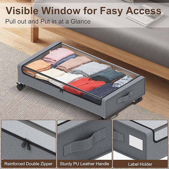 Under Bed Storage with Wheels - 2Pack 60L Underbed Storage Containers with Clear Lid & Label, Rolling Under Bed Storage Bins for Clothes, Shoes, Blankets (XL,Grey)