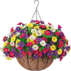 Artificial Fake Hanging Flowers with Basket, Faux Silk Morning Glory Flower Arrangement for Spring Summer Decor, Hanging Plant for Patio Garden Porch Outdoor Decor
