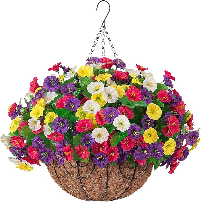 Artificial Fake Hanging Flowers with Basket, Faux Silk Morning Glory Flower Arrangement for Spring Summer Decor, Hanging Plant for Patio Garden Porch Outdoor Decor