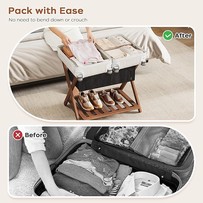 Full Assembled 26.77" L Luggage Rack for Guest Room, Set of 2 Foldable Suitcase Stand with 5 Nylon Straps & Cloth Bag, Luggage Stand Holder with Shoe Shelf for Suitcases Hotel (Walnut Bamboo)