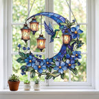 Hummingbird Moon Ornament Acrylic Suncatcher, Stained Glass Style Window Hanging with Lantern and Blue Flowers, 4.5 Inch Decorative Home Decor, Gift for Women, Christmas Ornament(Sun-37)