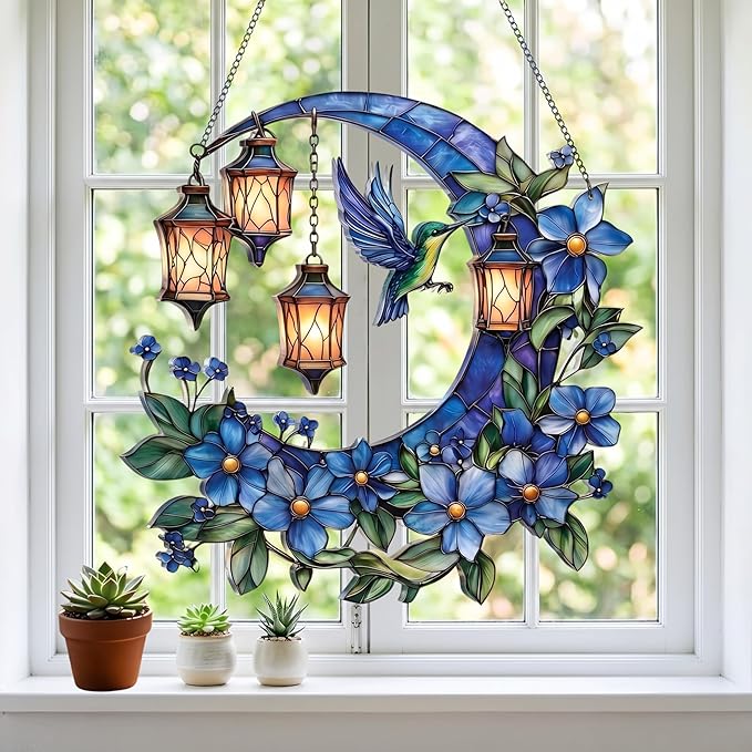 Hummingbird Moon Ornament Acrylic Suncatcher, Stained Glass Style Window Hanging with Lantern and Blue Flowers, 4.5 Inch Decorative Home Decor, Gift for Women, Christmas Ornament(Sun-37)