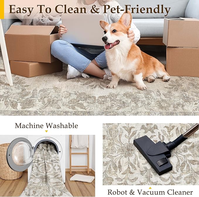 4x5 Area Rug Beige Washable Office Vintage Distressed Carpet Bedroom Indoor Neutral Medallion Floral Living Room Non Slip Retro Throw Floor Mat for Dining Room Kitchen Bathroom