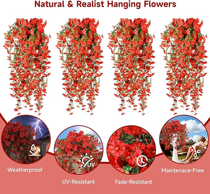 Artificial Hanging Flowers for Outdoors, 4 PCS UV Resistant Faux Plants Silk Realistic 150 Morning Glory Each Vines, Fake Plastic Floral for Garden Patio Spring Summer Decor, Red