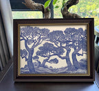 Vintage Gold Framed Wall Art Oak Tree Forest Painting Canvas Prints Blue Woodland Nature Landscape Picture Moody Botanical Poster Artwork for Living Room Bedroom, 12x16in