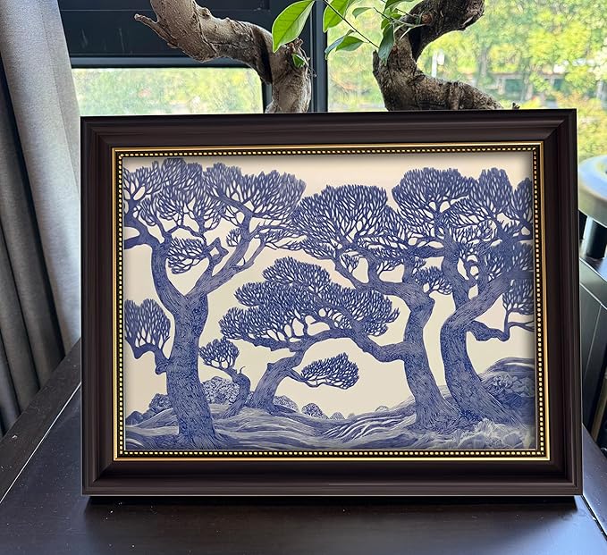 Vintage Gold Framed Wall Art Oak Tree Forest Painting Canvas Prints Blue Woodland Nature Landscape Picture Moody Botanical Poster Artwork for Living Room Bedroom, 12x16in