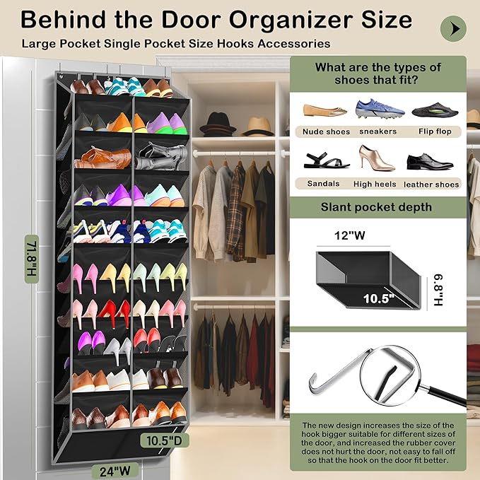 10-Tier Over the Door Shoe Organizer, 20 Pockets Holds 20-30 Pairs, Heavy-Duty Oxford Fabric with Hexagon Mesh for Boots & Sneakers-Black