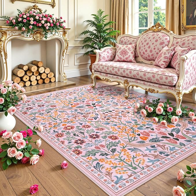 Moynesa Floral 8x10 Area Rugs for Living Room, Washable Large Pink Bedroom Rug 8x10, Non Slip Ultra Thin Boho Flower Indoor Floor Carpet for Girls Room Nursery Playroom, Pink